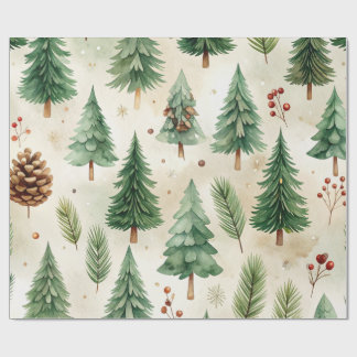 Papel De Presente Árvores de Natal de Pinheiro em Aquarela Sem Costu