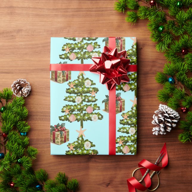 Papel De Presente Árvores de Natal de Seashell Costeiras (Presente de Natal)