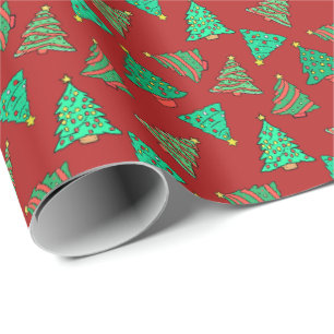 Papel De Presente Árvores de Natal Divertidas Vermelho Padrão