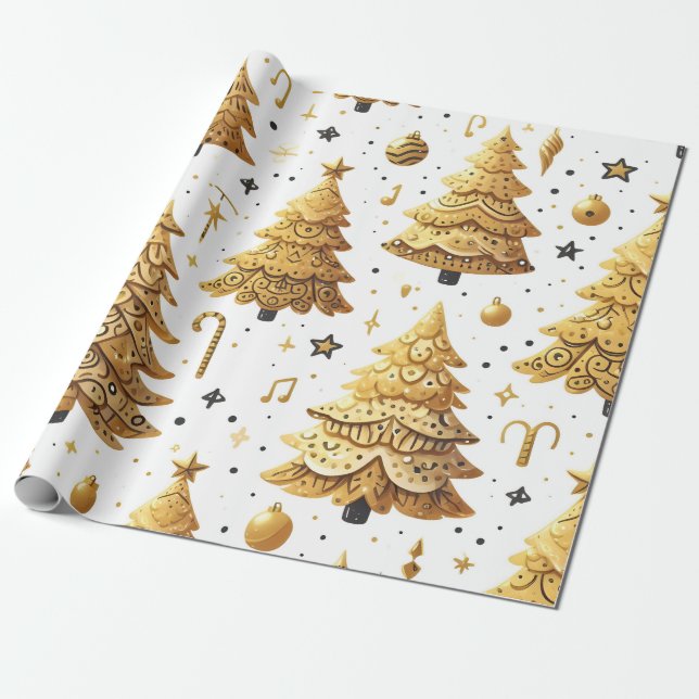 Papel De Presente Árvores de Natal Douradas (Desenrolado)