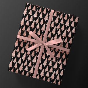 Papel De Presente Árvores de Natal Douradas com Rosa metálico em Pre