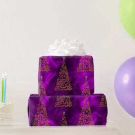 Papel De Presente Árvores de Natal Douradas e Contemporâneas em Roxo