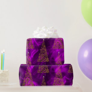 Papel De Presente Árvores de Natal Douradas e Contemporâneas em Roxo