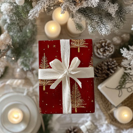 Papel De Presente Árvores de Natal Douradas Festivas em Vermelho