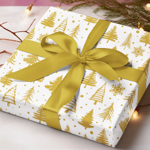Papel De Presente Árvores de Natal Douradas Flocos de Neve Branco Pa