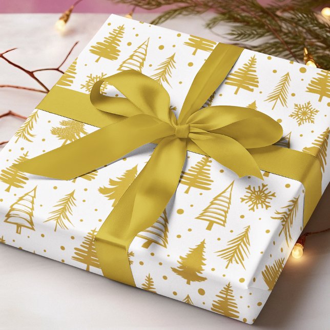 Papel De Presente Árvores de Natal Douradas Flocos de Neve Branco Pa (Criador carregado)