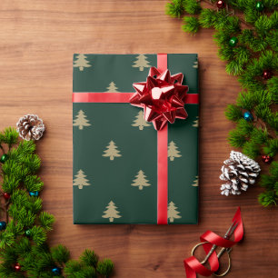 Papel De Presente Árvores de Natal dourado e padrão verde-pinheiro