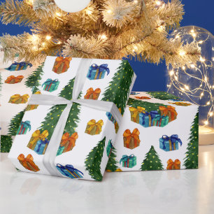 Papel De Presente Árvores de Natal e Caixas de Presentes em Aquarela