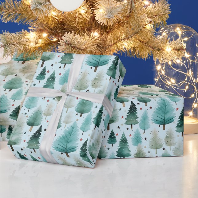 Papel De Presente Árvores de Natal e Estrelas Natal Moderno (Feriados)