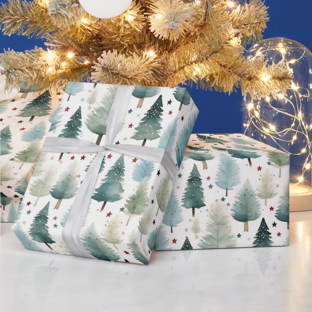 Papel De Presente Árvores de Natal e Estrelas Natal Moderno (Feriados)