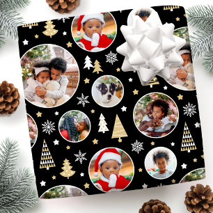 Papel De Presente Árvores de Natal e Flocos de Neve em Preto com Fot