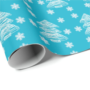 Papel De Presente Árvores de Natal e Flocos de Neve Modernos Azul Br