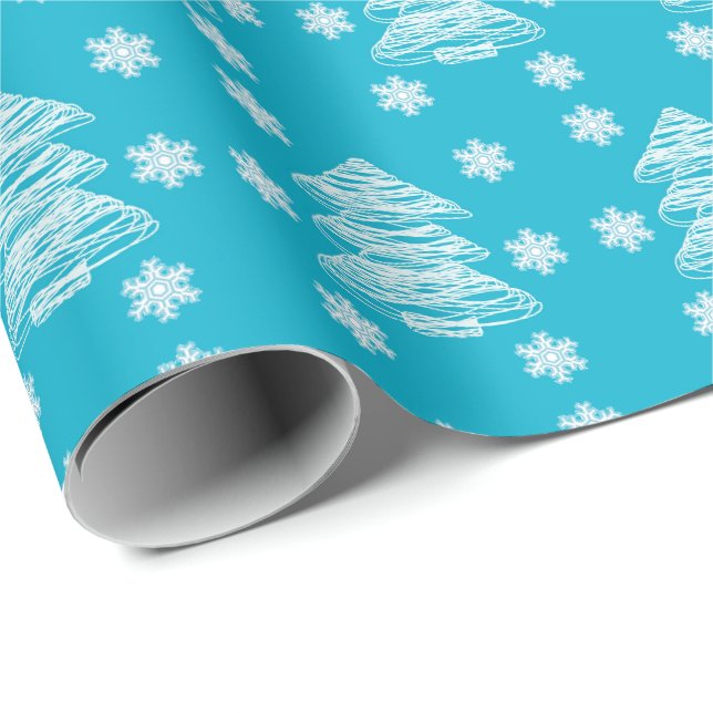 Papel De Presente Árvores de Natal e Flocos de Neve Modernos Azul Br (Ponta do rolo)