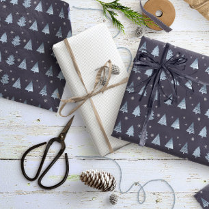 Papel De Presente Árvores de Natal e Flocos de Neve Padrão Azul ID86