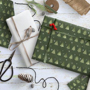 Papel De Presente Árvores de Natal e Flocos de Neve Padrão Verde ID8