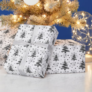 Papel De Presente Árvores de Natal e Flocos de Neve, Pretos e Cinzas