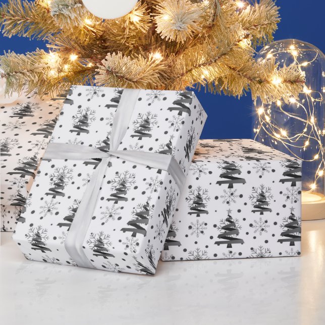 Papel De Presente Árvores de Natal e Flocos de Neve, Pretos e Cinzas (Feriados)