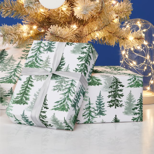 Papel De Presente Árvores de Natal e Neve na Floresta (Feriados)