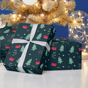 Papel De Presente Árvores de Natal e Padrão Holly Moderno Escuro Azu