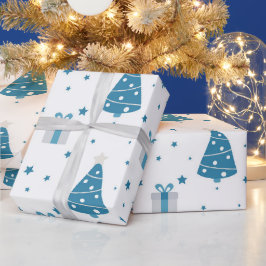 PAPEL DE PRESENTE ÁRVORES DE NATAL E PRESENTES AZUIS E CINZAS