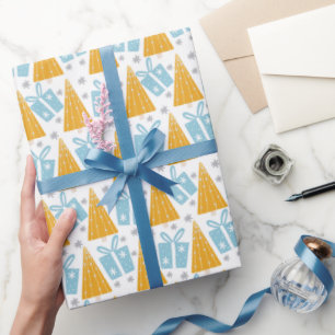 Papel De Presente Árvores de Natal e Presentes Modernos em Dourado A