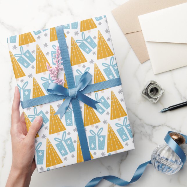 Papel De Presente Árvores de Natal e Presentes Modernos em Dourado A (Presentear)