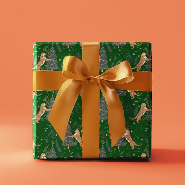 Papel De Presente Árvores de Natal e tigres Padrão verde (Criador carregado)