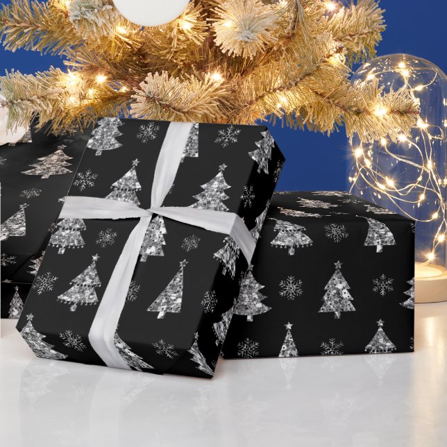 Papel De Presente Árvores de Natal Elegantes com Brilho Preto e Prat (Feriados)