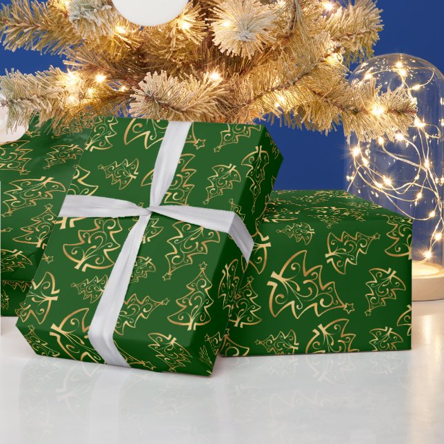 Papel De Presente Árvores de Natal Elegantes Verde e Dourado (Feriados)