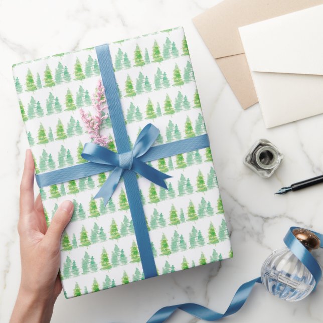 Papel De Presente Árvores de Natal em Aquarela Branco Verde (Presentear)