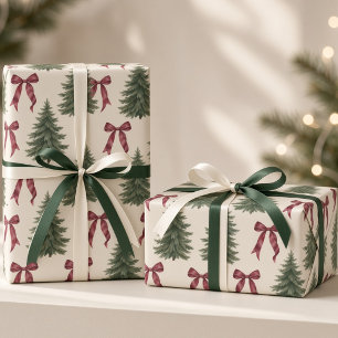 Papel De Presente Árvores de Natal em Aquarela com Laços Borgonha Na