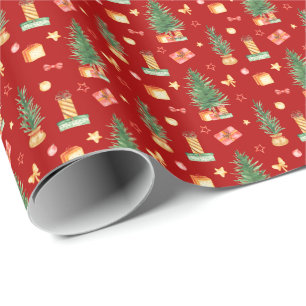 Papel De Presente Árvores de Natal em Aquarela com Presente Vermelho
