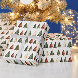 Papel De Presente Árvores de Natal em Aquarela de Feriado 