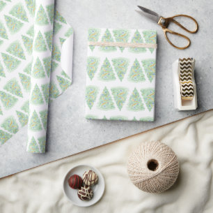 Papel De Presente Árvores de Natal em Aquarela Dourado Grandmillenni