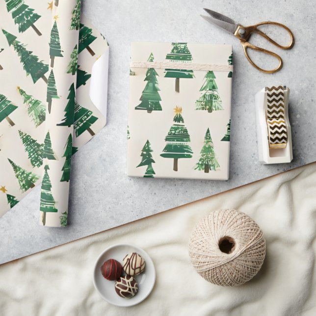 Papel De Presente Árvores de Natal em Aquarela | Feriado do Pinheiro (Artesanato)