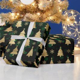 Papel De Presente Árvores de Natal em Folha de Ouro Falso & bokeh ve