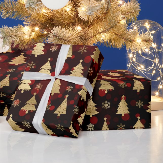 Papel De Presente Árvores de Natal em Folha Dourada Falsa & borrão v (Feriados)