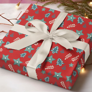 Papel De Presente Árvores de Natal Estrelas Floral Vermelho Verde Pa