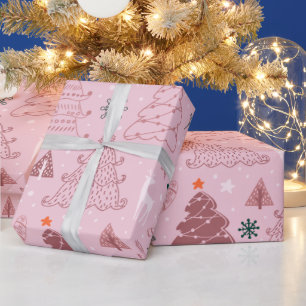 Papel De Presente Árvores de Natal Estrelas Neves Flocos de Neve Ros