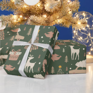 Papel De Presente Árvores de Natal Estrelas Reindeer Verde Natal