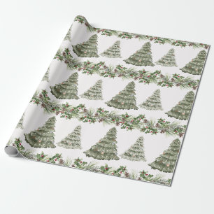 Papel De Presente Árvores de Natal Festivas de Aquarela no inverno