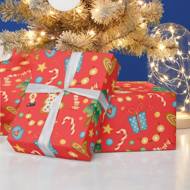 Papel De Presente Árvores de Natal Festivas e Biscoitos Vermelhos   (Feriados)