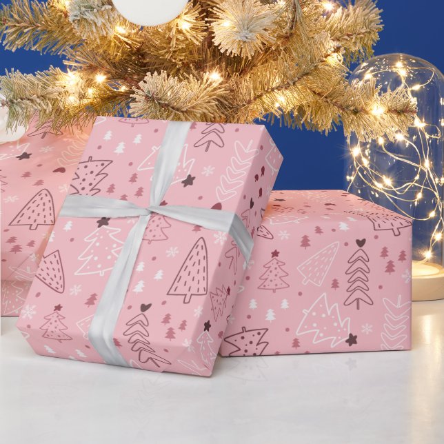 Papel De Presente Árvores de Natal Floco de Neve Rosa Rosa Dourado N (Feriados)