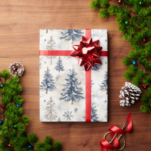 Papel De Presente Árvores de Natal Flocos de Neve Creme Azul