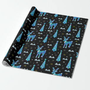 Papel De Presente Árvores de Natal, flocos de neve de renas. Ilhus