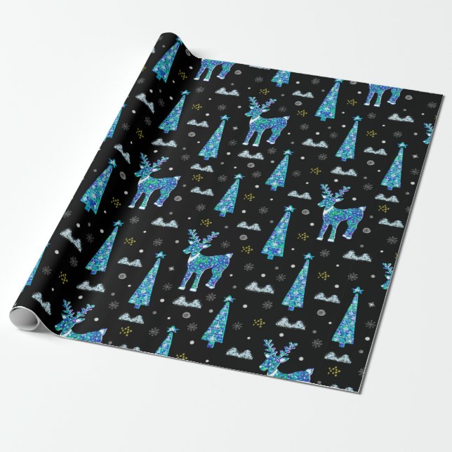 Papel De Presente Árvores de Natal, flocos de neve de renas. Ilhus d (Desenrolado)