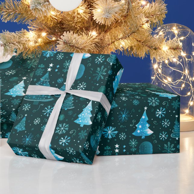 Papel De Presente Árvores de Natal Flocos de Neve Verde Natal (Feriados)