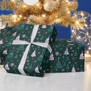 Papel De Presente Árvores de Natal Flocos de Neve Verde Natal