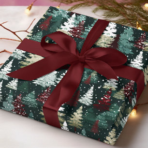 Papel De Presente Árvores de Natal Flocos de Neve Vermelho Verde Fer