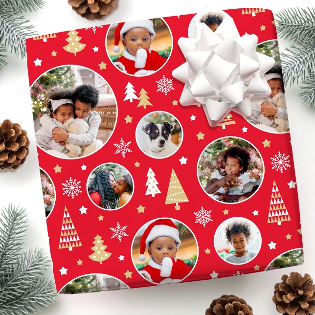 Papel De Presente Árvores de Natal & Flocos de Neve Vermelhos com Fo (Criador carregado)